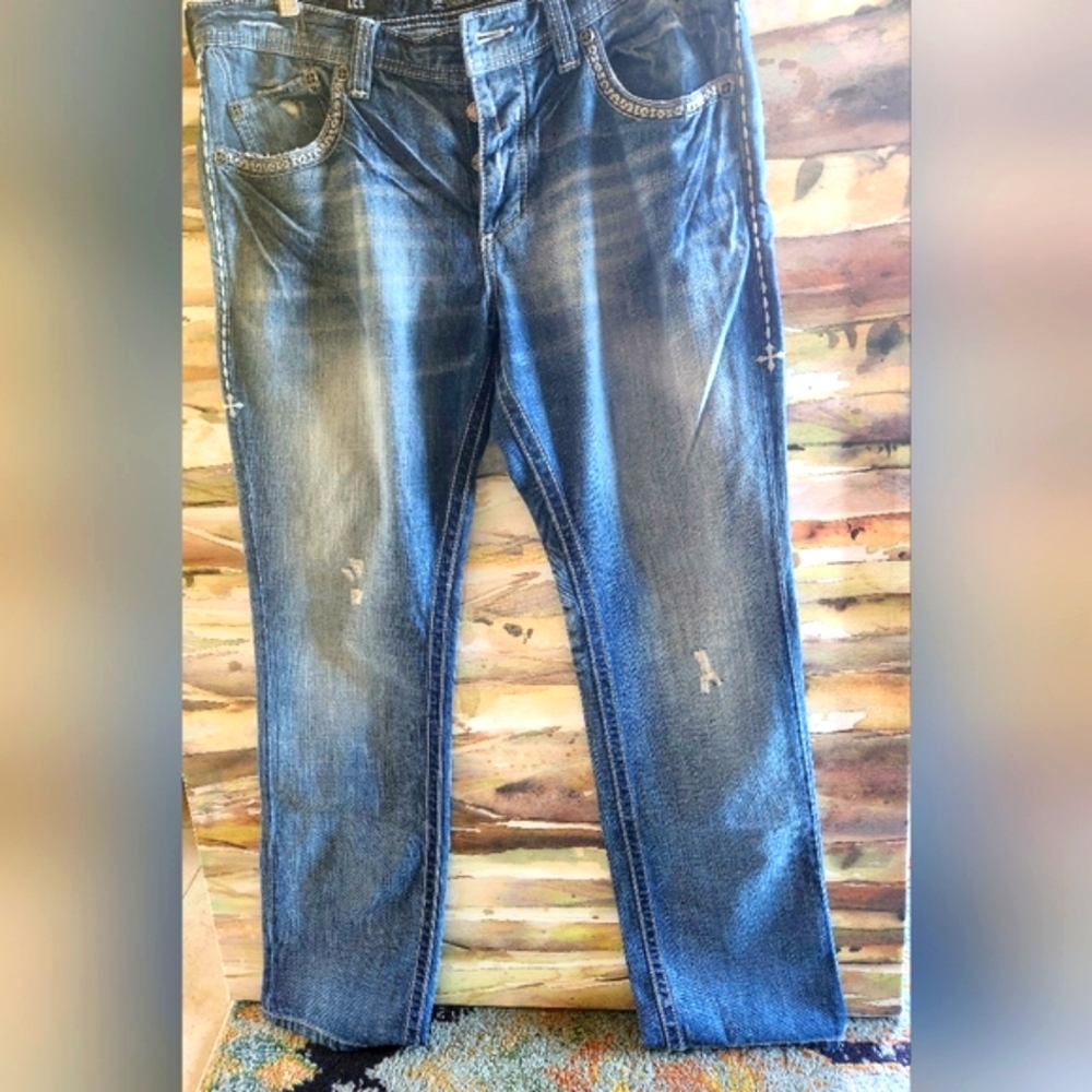 AFFLICTION Distressed Y2k ACE Embroidery Holes Flapover Pockets Jeans EUC 36